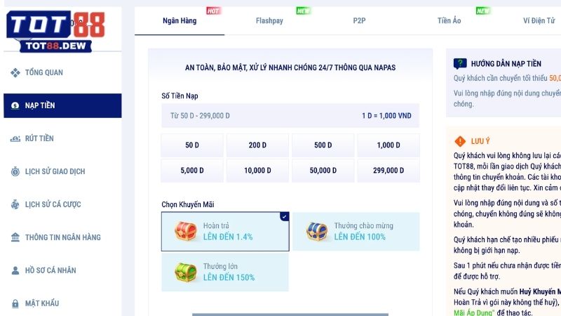 Hướng dẫn quy trình thực hiện giao dịch nạp tiền tại TOT88